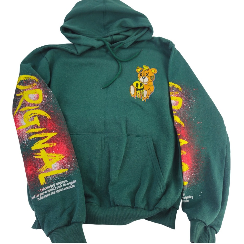 Fresh Laundry Graphic Hoodie Bear "Original" Print Green Kangaroo Sweatshirt Lg‎